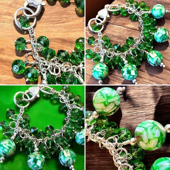 Green glass and swarovski crystal charm bracelet. Recycled green bottle glass. - Picture 15 of 16